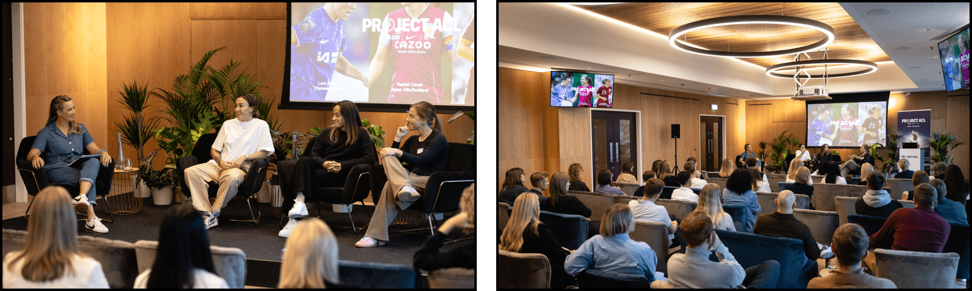 two images showcasing a panel discussion with 4 people on a stage. Images display the AV support and stage design provided by London Filmed