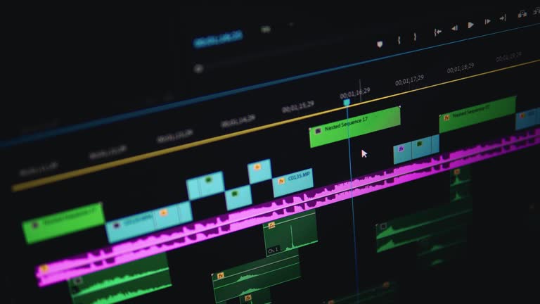 Video editing timeline display. Behind the scenes view of video editing
