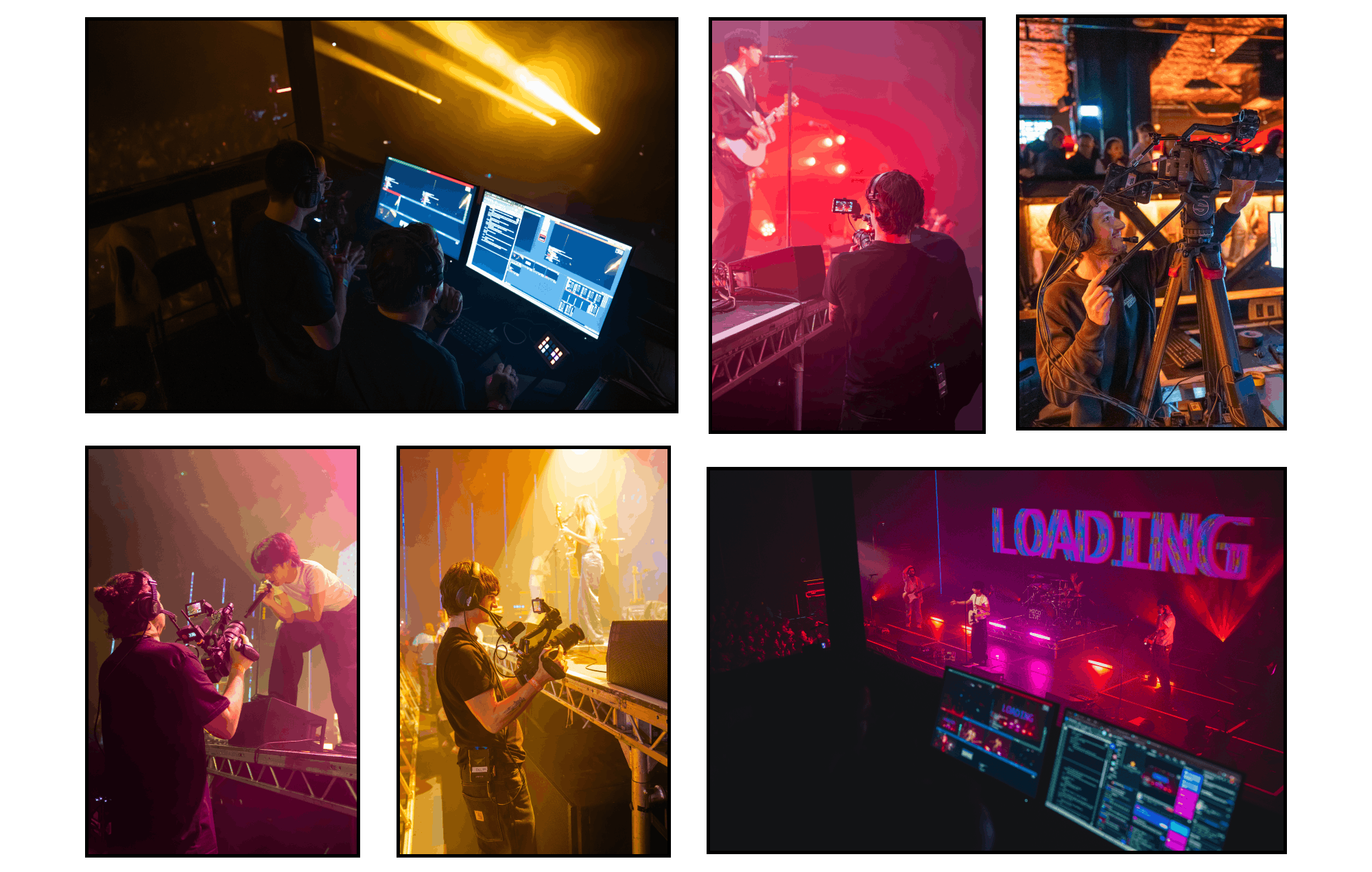 Gallery view of six behind the scenes images from the MICO twitch live stream concert filming. Images show camera operators filming the stage and live stream engineers mixing the feeds for online viewers