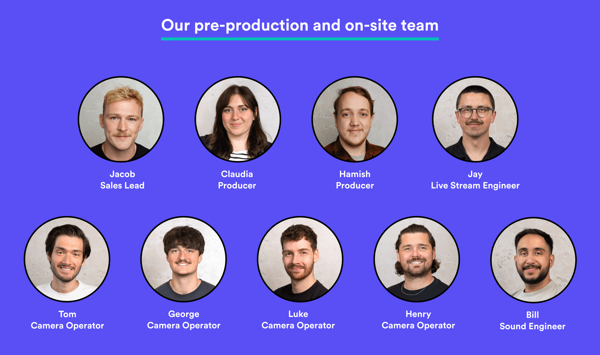 our pre-production and on-site team for the MICO tornoto live stream music event, 4 camera ops, 1 live stream engineer, 1 sound engineer, 2 producers and 1 sales lead