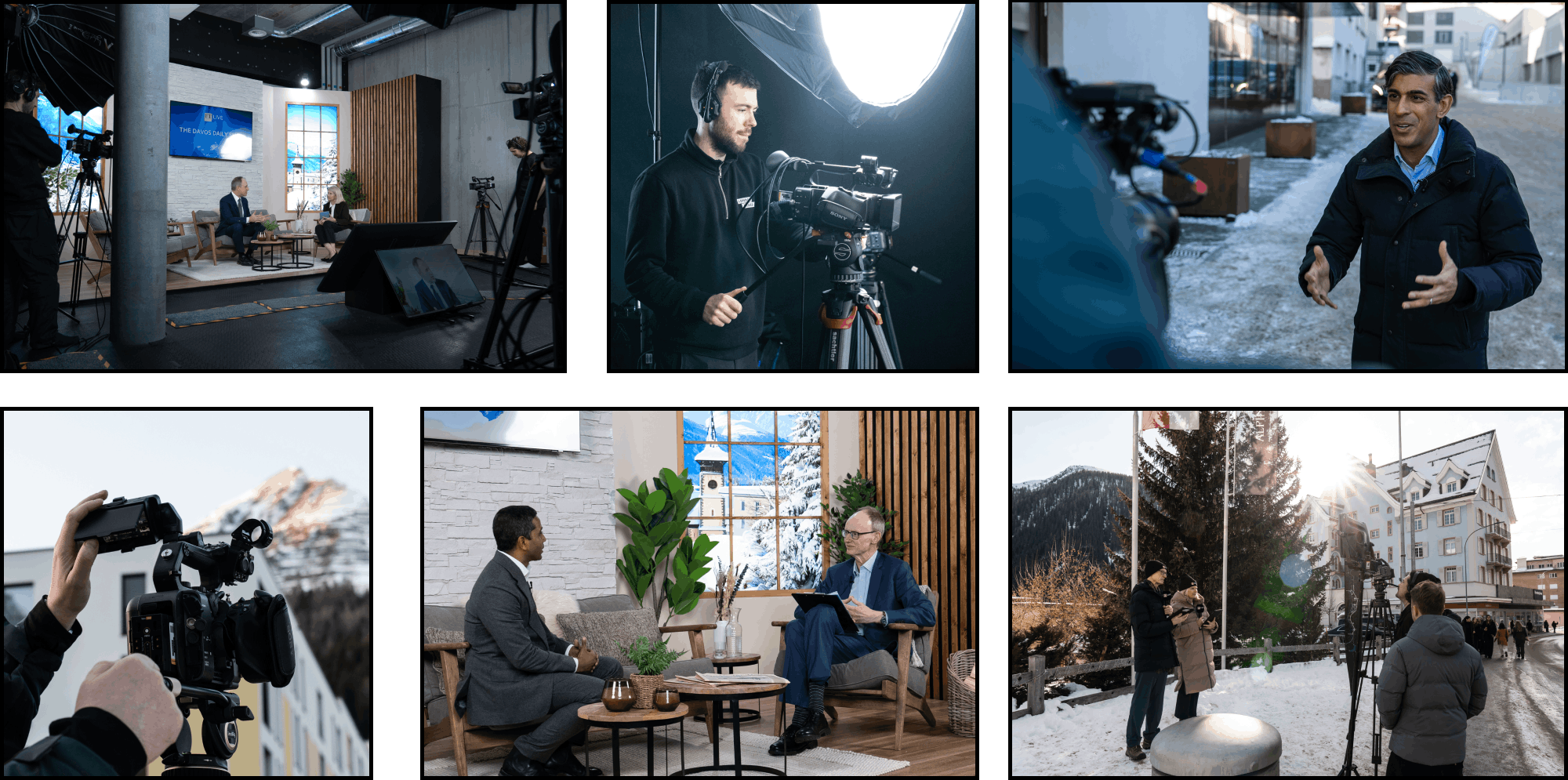 a series of images depicting the FT live's bespoke live studio at the world economic forum in davos 2026. Event production services included live streaming, filming, studio set and design 
