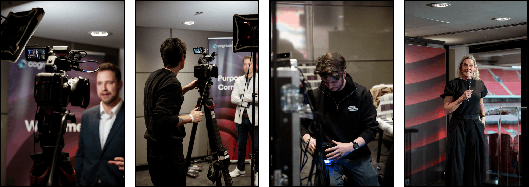 A series of photographs from an event with cognizant at Wembley. The photos showcase our videographers capturing vox pop interviews and setting up equipment ahead of the event.